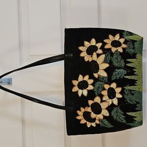 Black Sunflower Embroidered Tote Bag - Floral Beaded Design Shoulder Bag